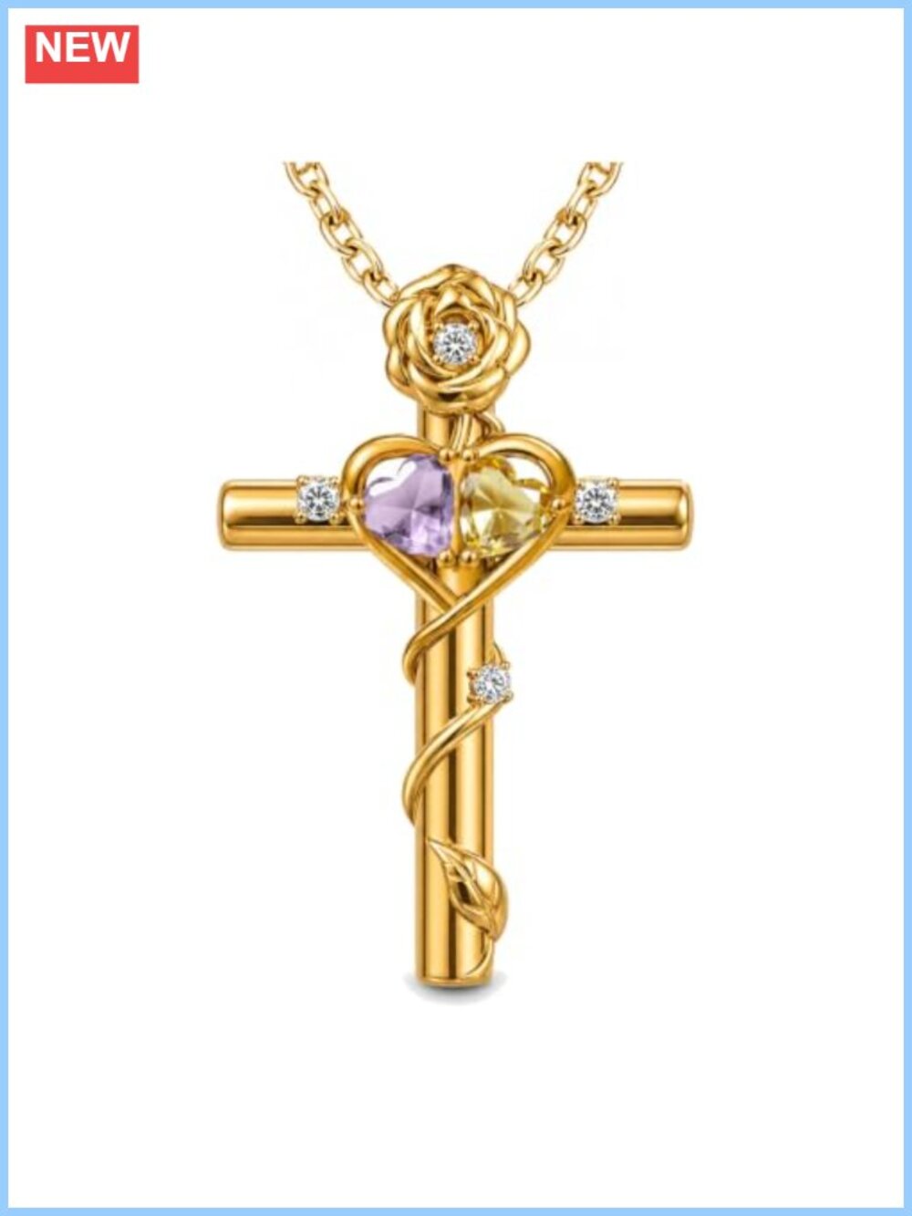 18K Gold Plated Rose Cross Birthstone Pendant Necklace